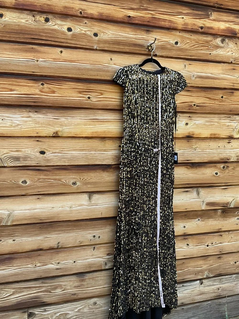 Mac Duggal Black Gold Sequin Cap Sleeve Gown Dress Size 4 - Picture 7 of 14